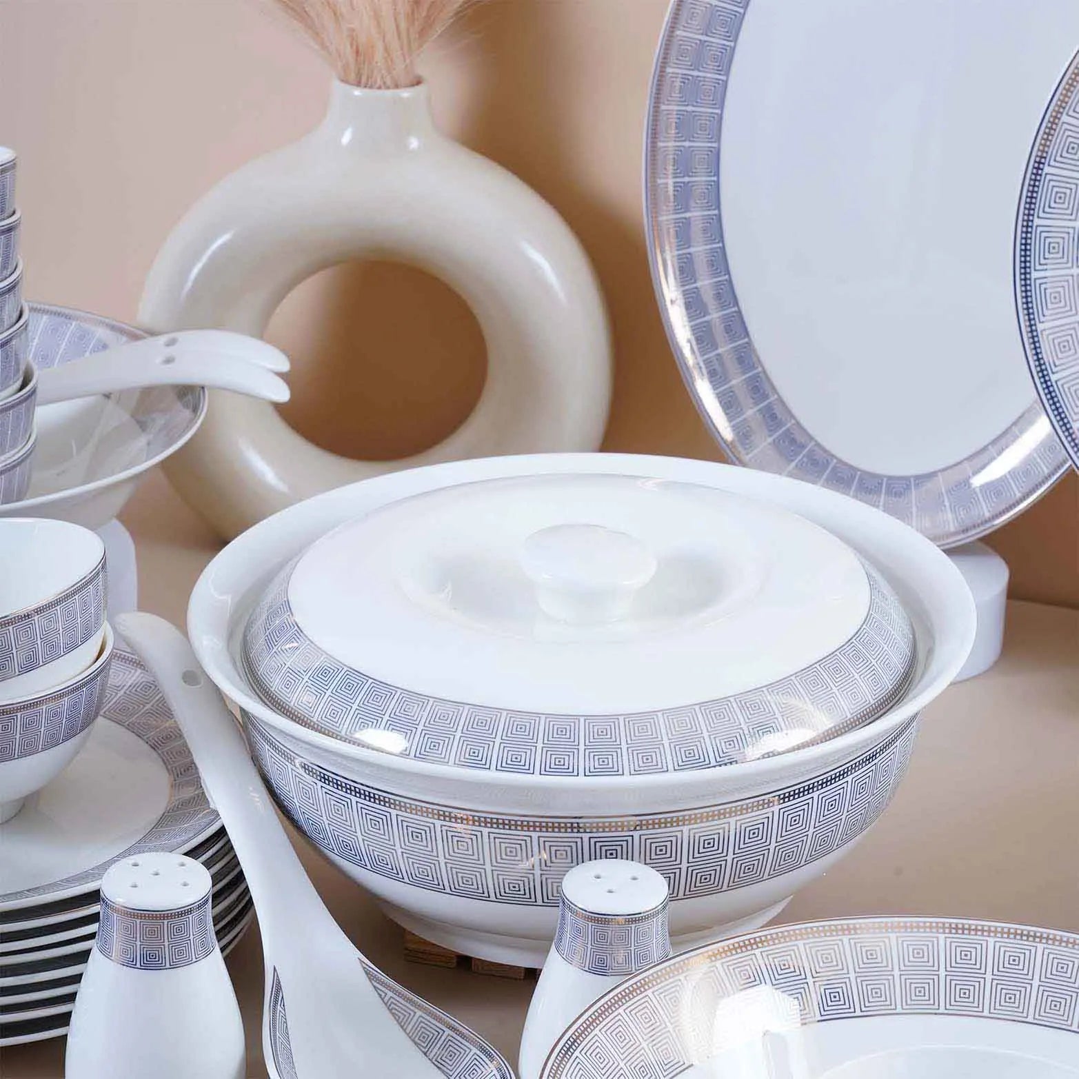 51 piece white and blue ceramic dinner set

