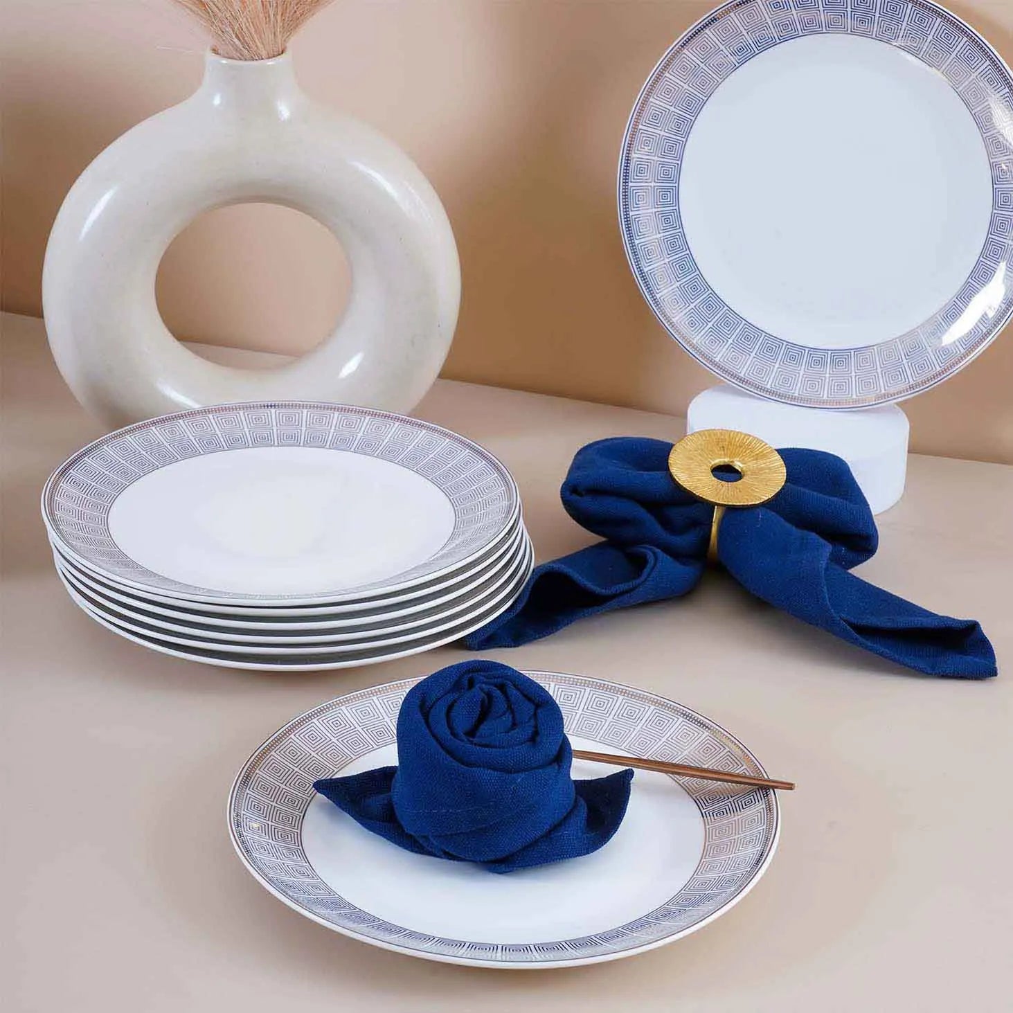 Complete white and blue dinnerware collection

