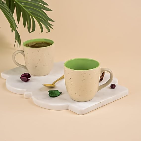Luxurious Beige & Green Dotted Ceramic Tea Cup Set of 2