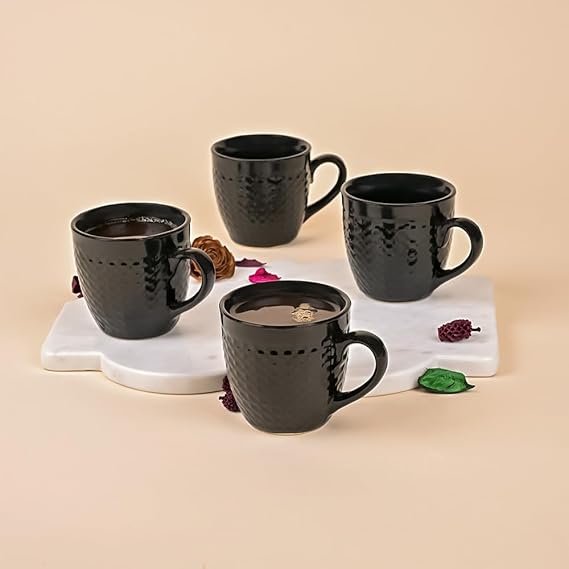 Hammered Black Ceramic Tea Cup Set of 4