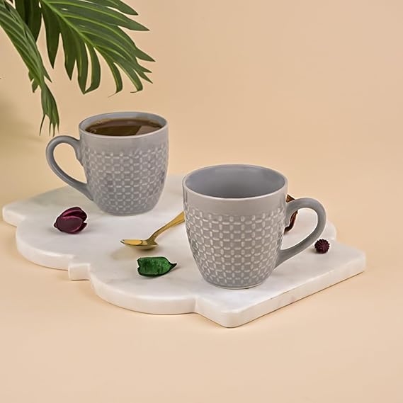 Elegant Sculpted Grey Ceramic Tea Cup Set of 2