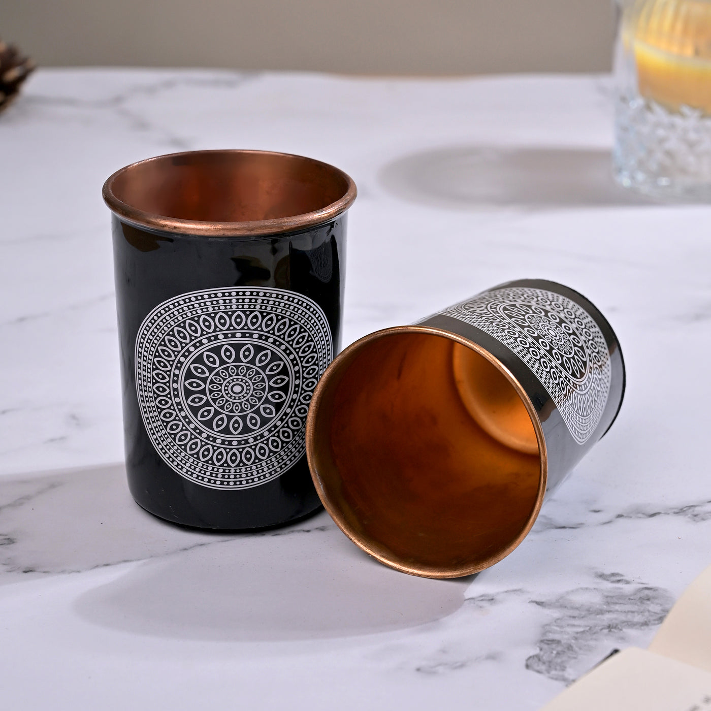 Mandala Printed Copper Bottle With Glass Set