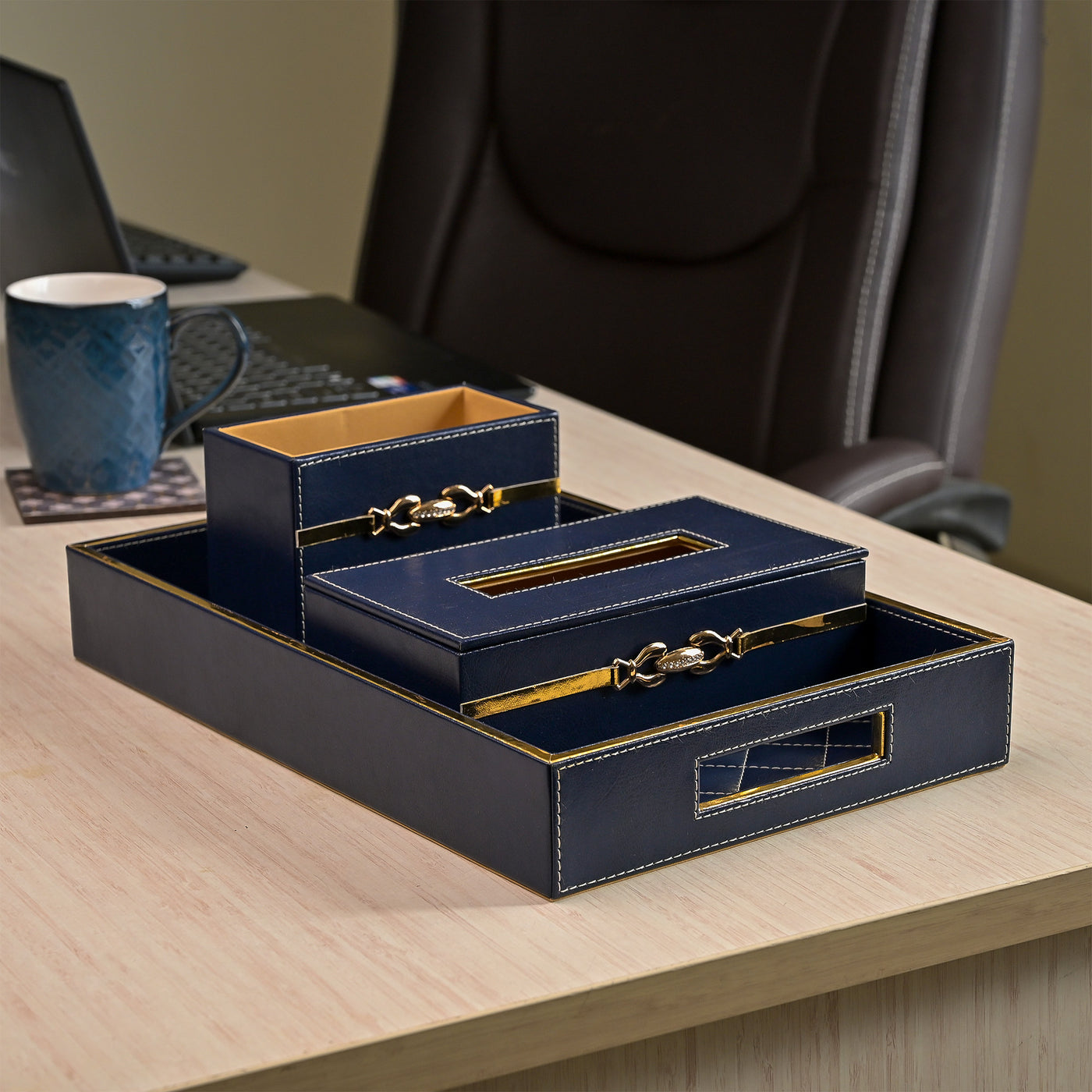 Blue Leather Desk Organiser Set
