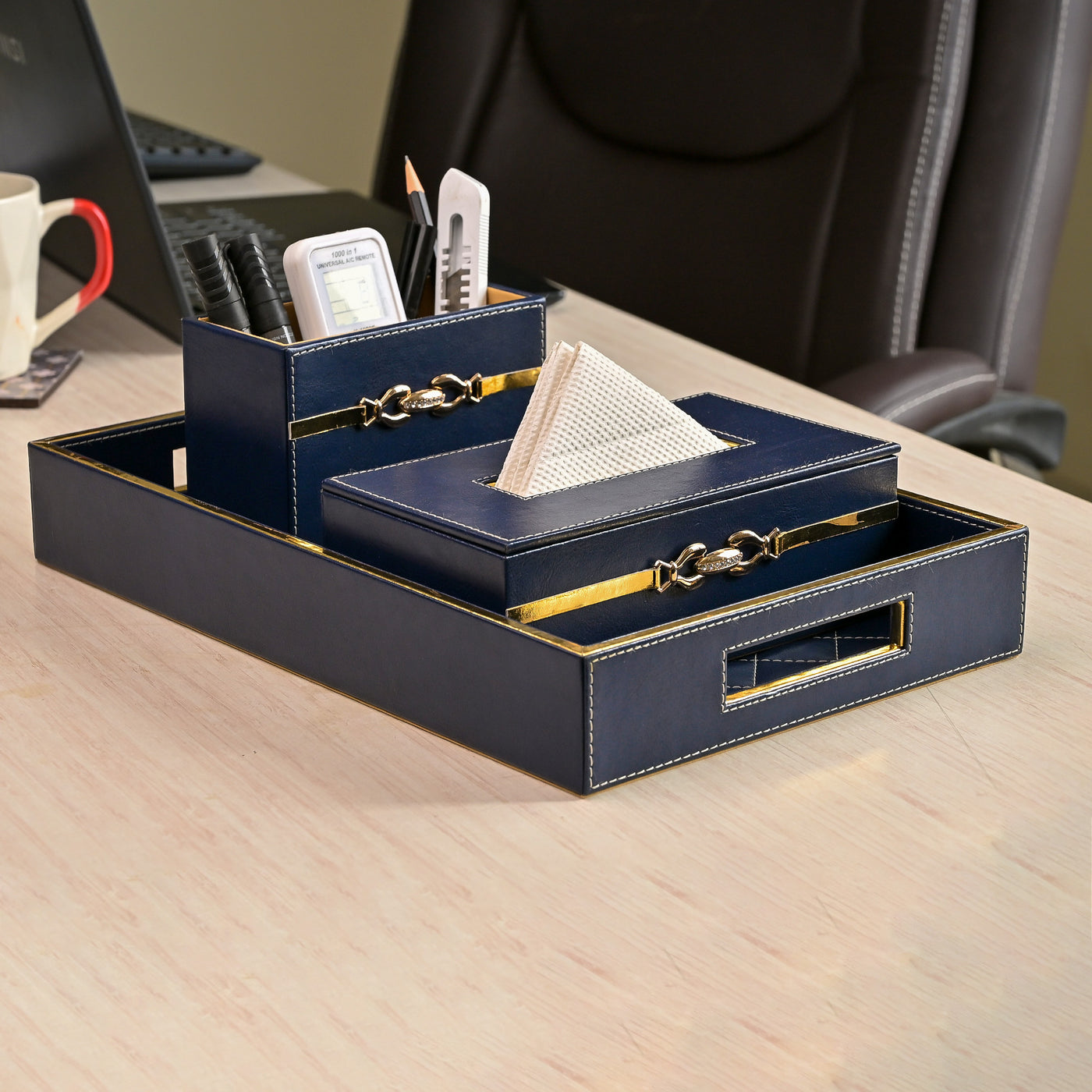Blue Leather Desk Organiser Set