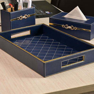 Blue Leather Desk Organiser Set