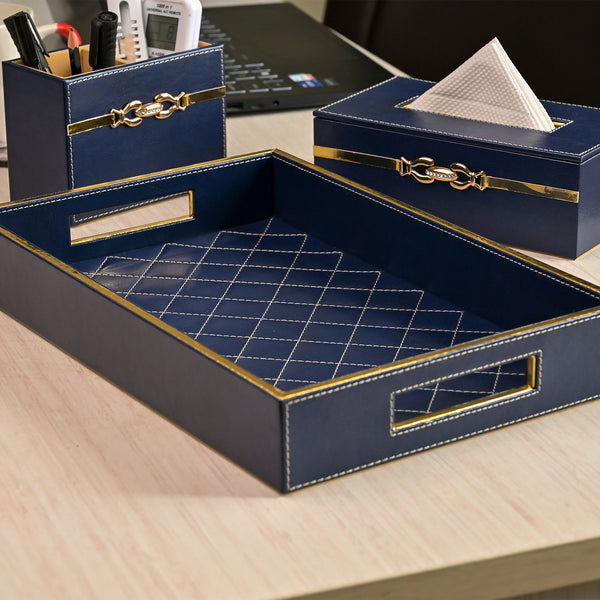 Blue Leather Desk Organiser Set