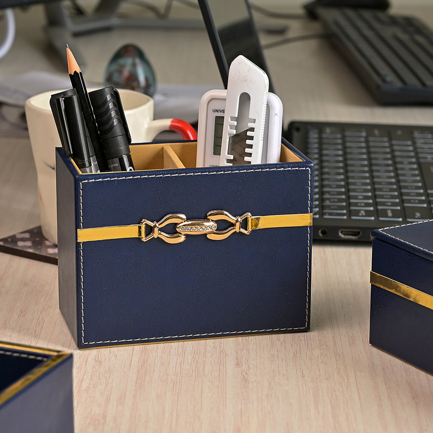 Blue Leather Desk Organiser Set