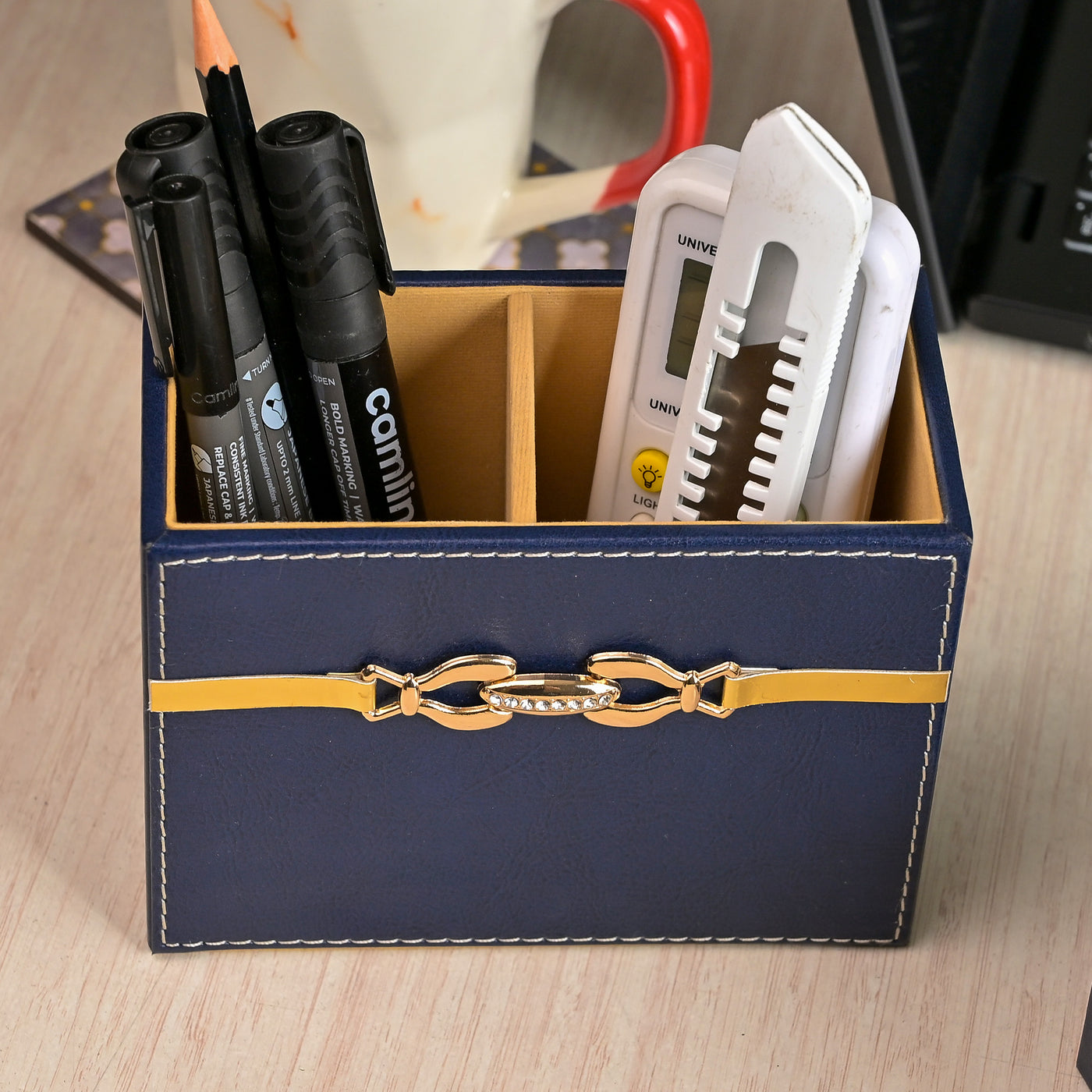 Blue Leather Desk Organiser Set