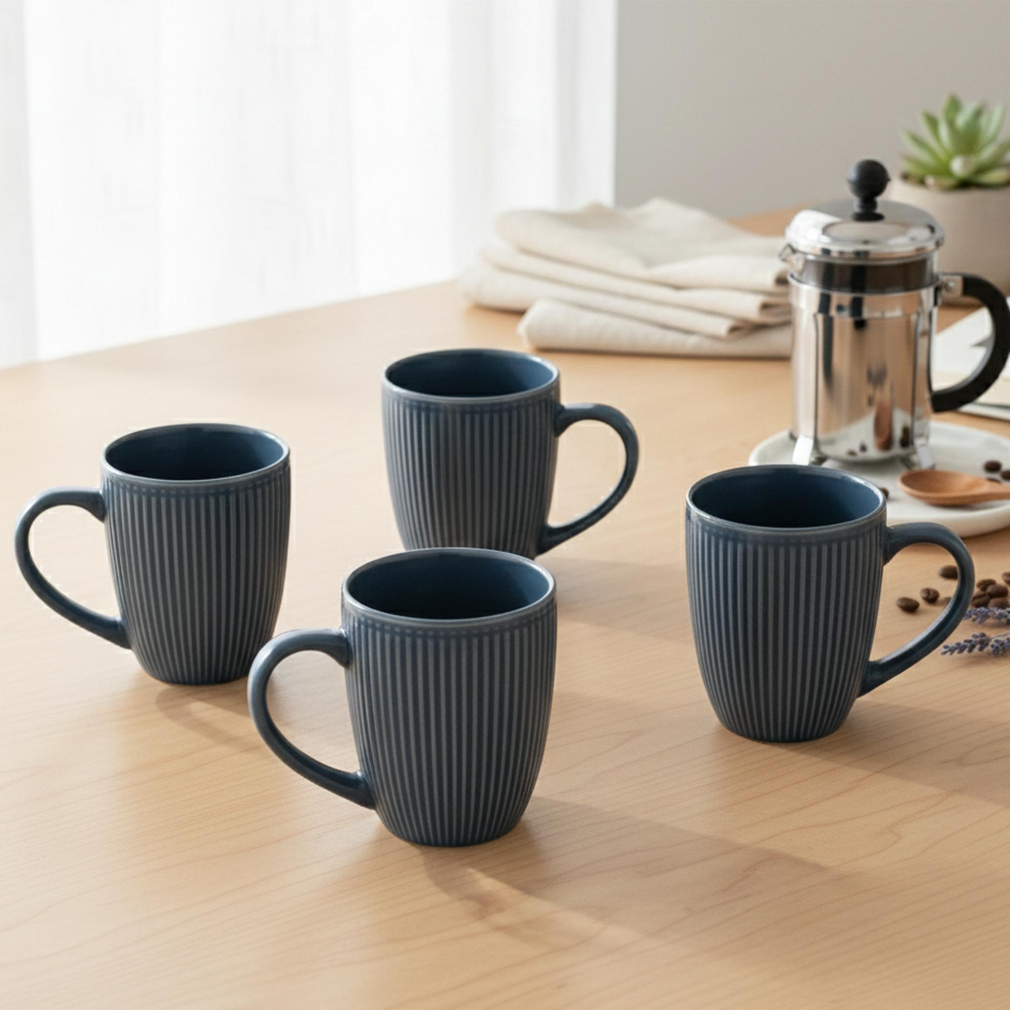 Aegean Blue Striped Ceramic Coffee Mug Set of 4

