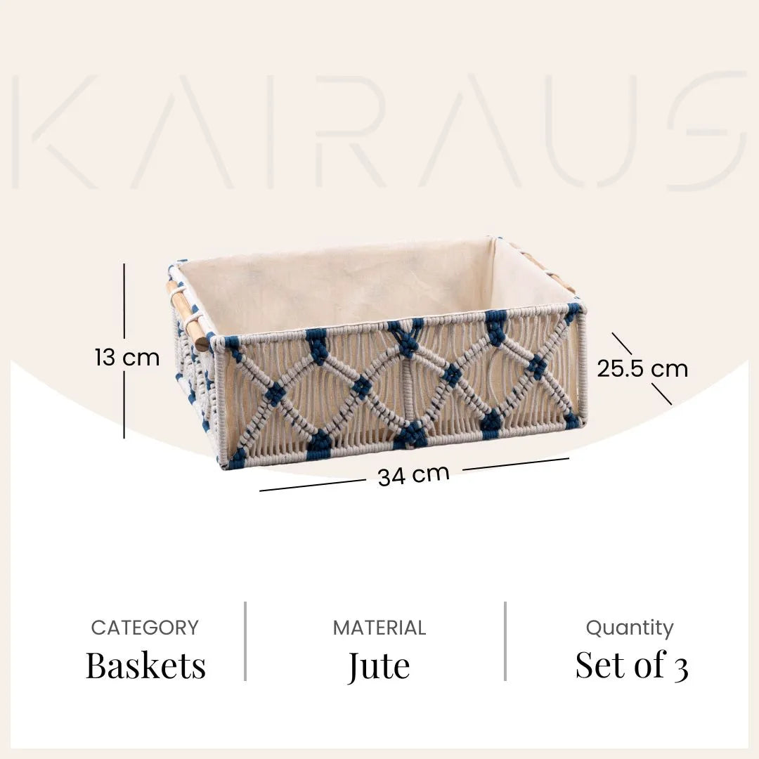 Handcrafted jute and wooden baskets for home storage

