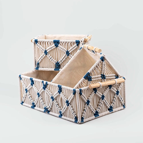 Natural woven jute and wood baskets for home organization

