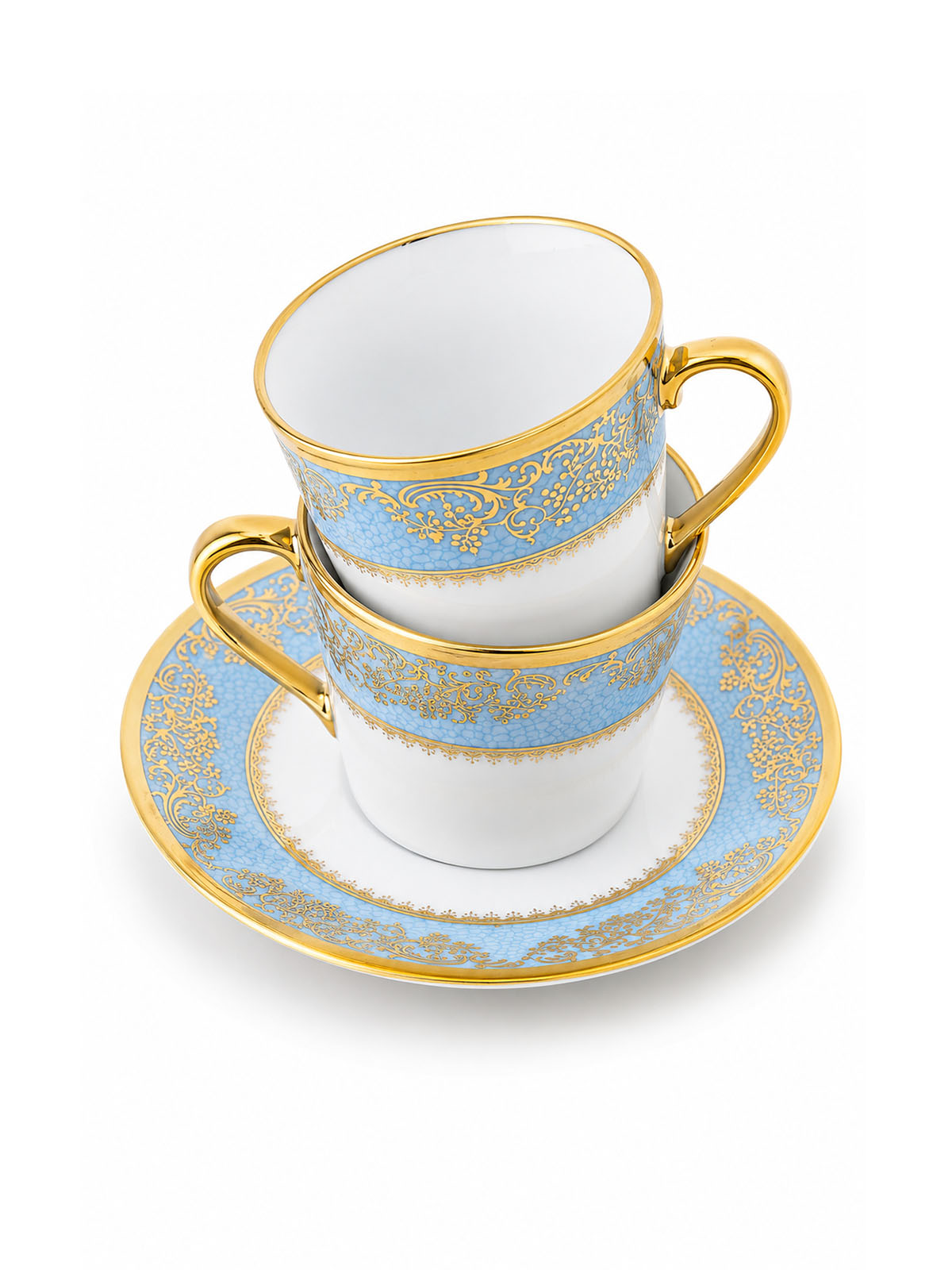 Close-up of Amora Real Gold Tea Cup Set with intricate detailing

