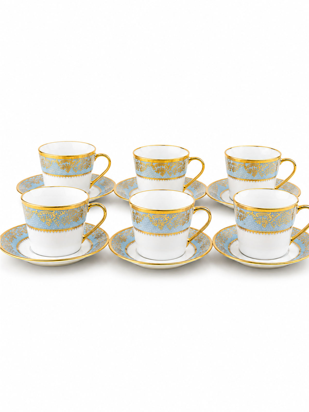 Amora set of six gold tea cups arranged for a sophisticated table setting

