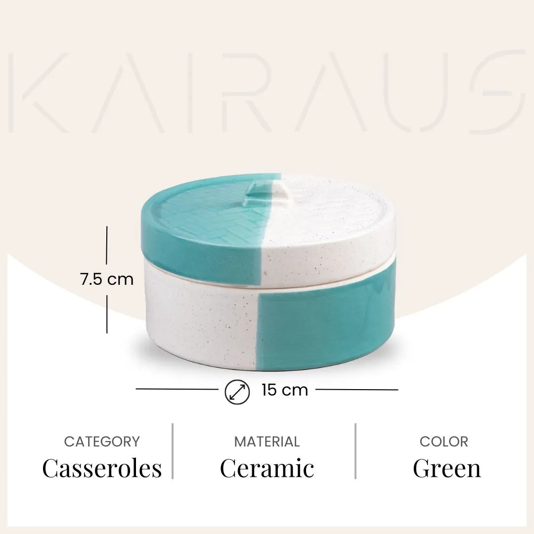 Decorative aqua ceramic casserole dish with lid

