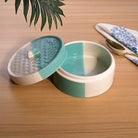 Stylish aqua casserole dish for serving hot meals

