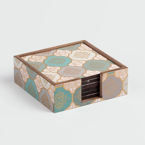 Set of six Artisan Printed wooden drink coasters

