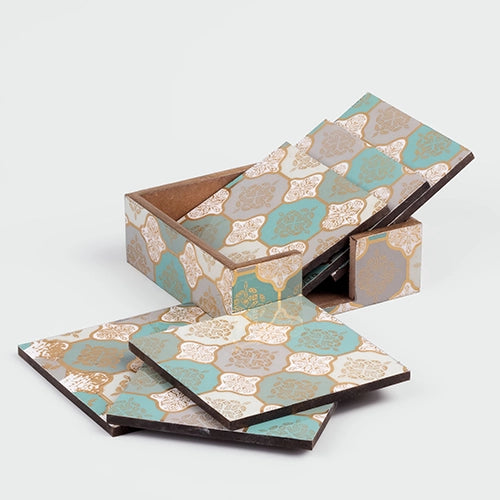 Decorative wooden coasters with artisan-inspired prints


