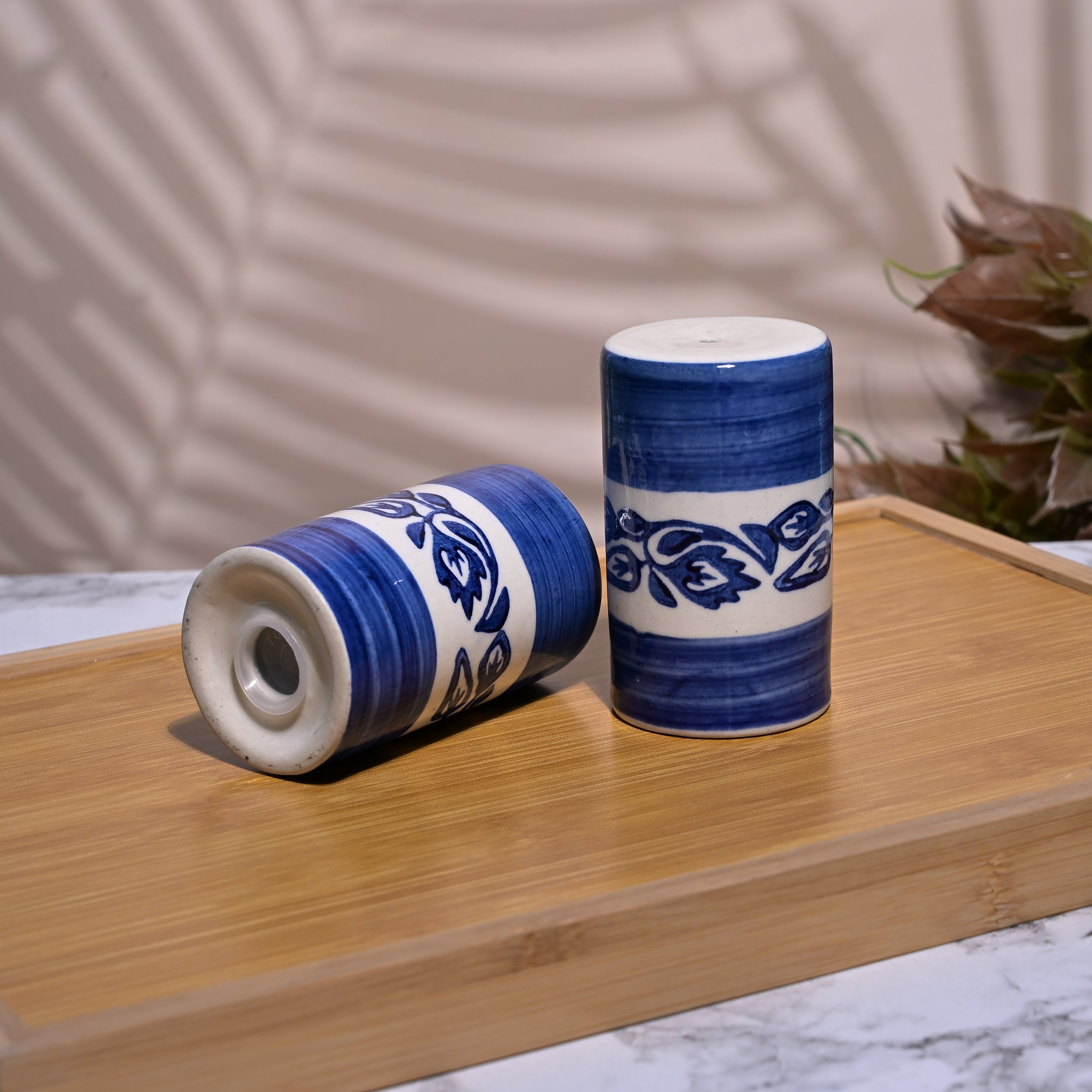 Artistic blue ceramic condiment set for kitchen and dining
