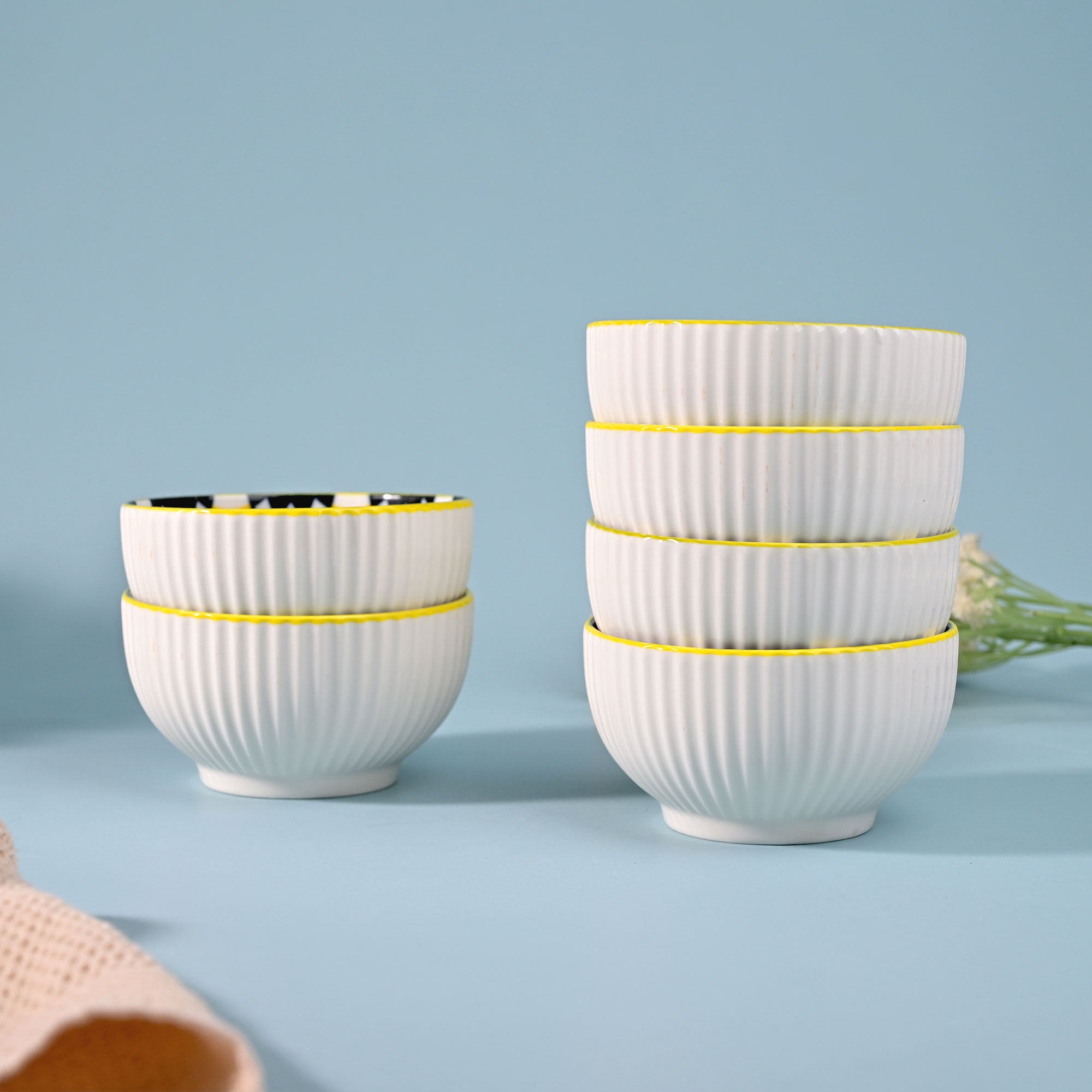 Set of six polished porcelain bowls with artistic design

