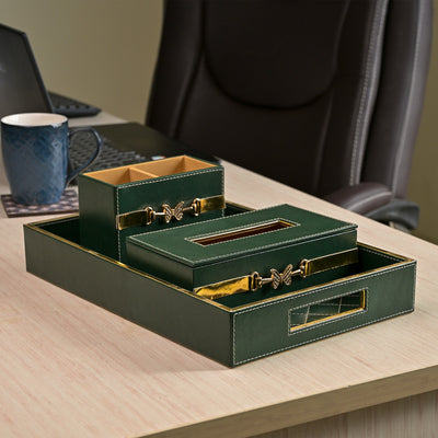 Luxury Green Leather Desk Organiser Set