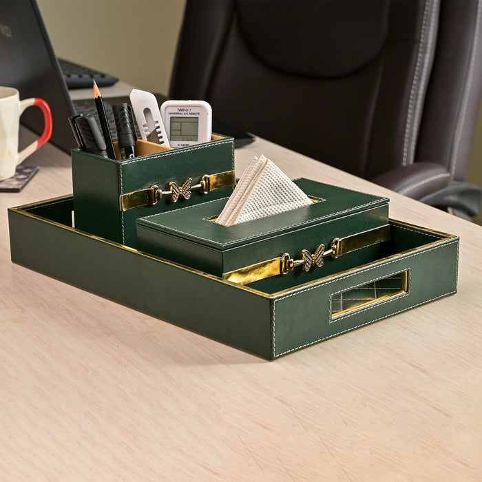 Luxury Green Leather Desk Organiser Set