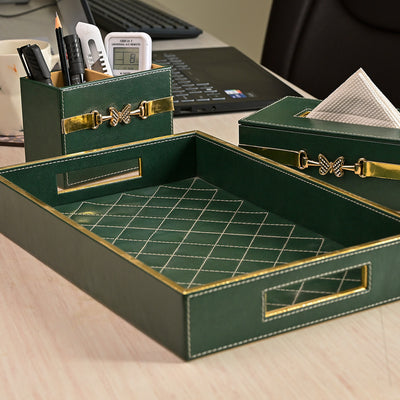 Luxury Green Leather Desk Organiser Set