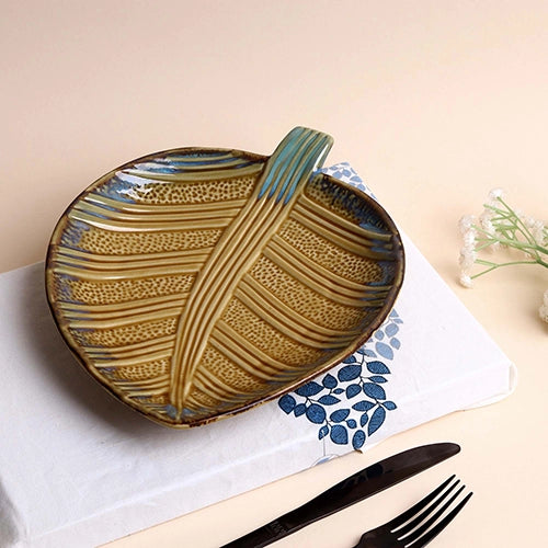 Beige and blue leaf ceramic serving platter

