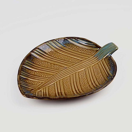 Elegant beige and blue leaf serving platter

