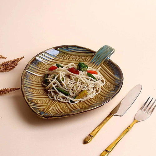 Decorative beige and blue ceramic platter

