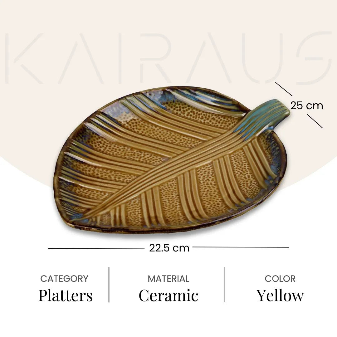 Beige platter with blue leaf design

