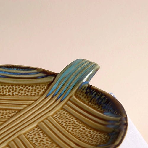 Handmade beige and blue leaf serving platter

