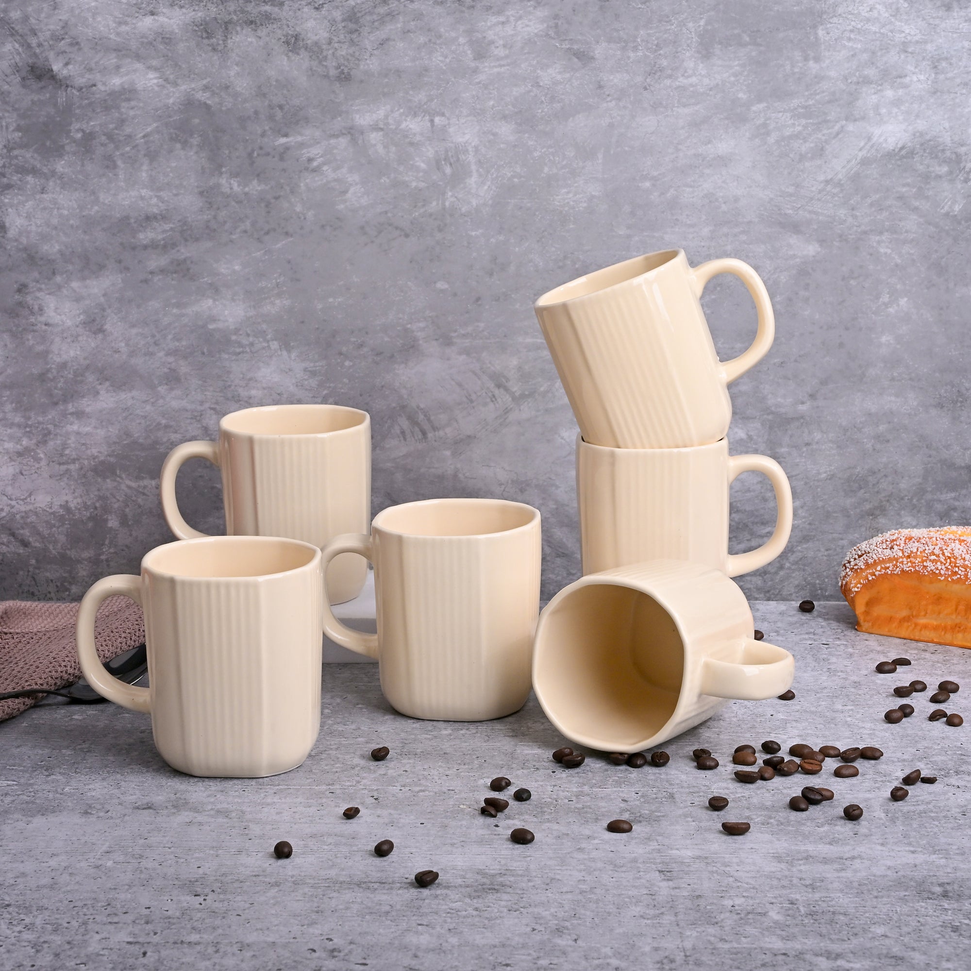 Set of 6 beige ceramic coffee mugs

