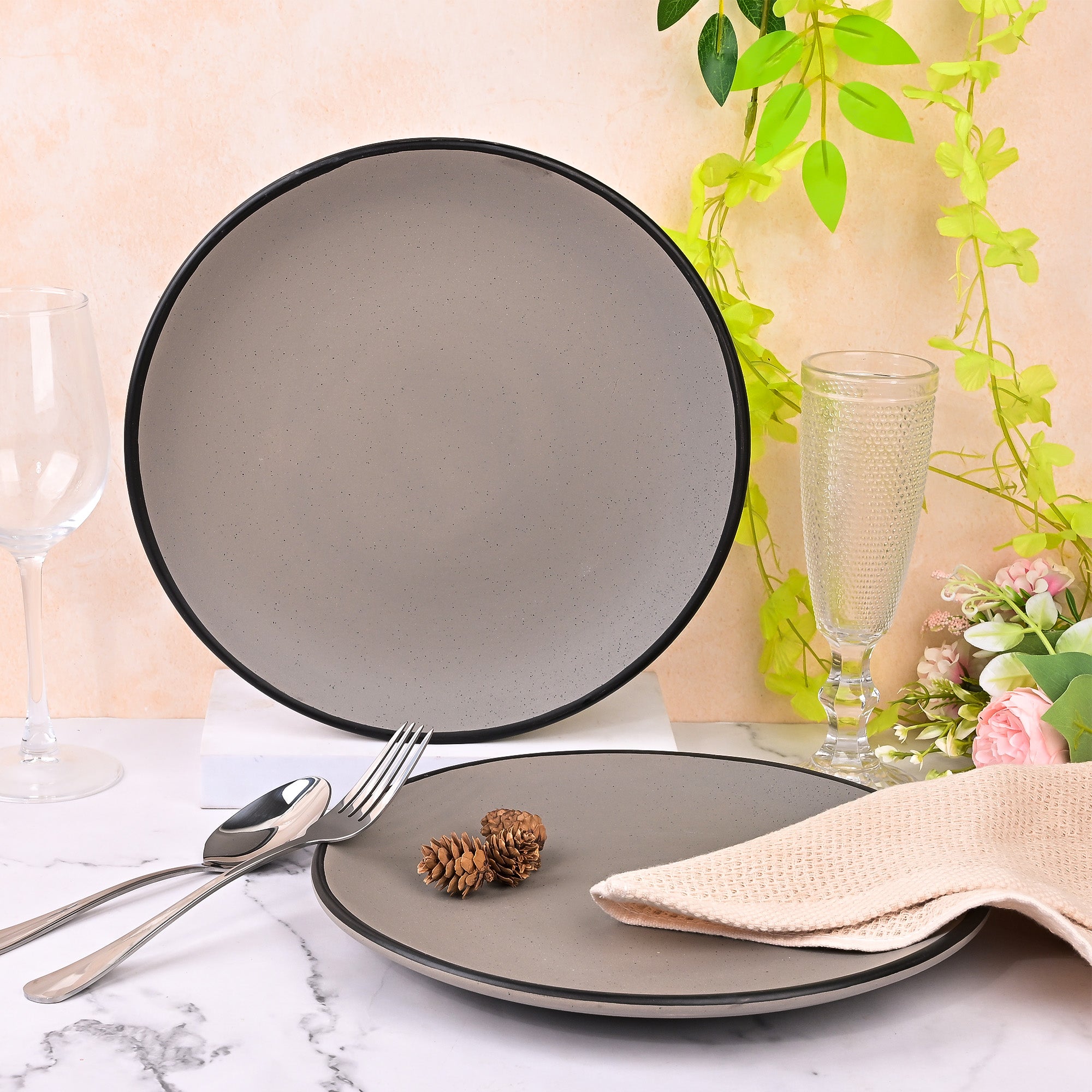 Black-rimmed grey dinner plates set of 2