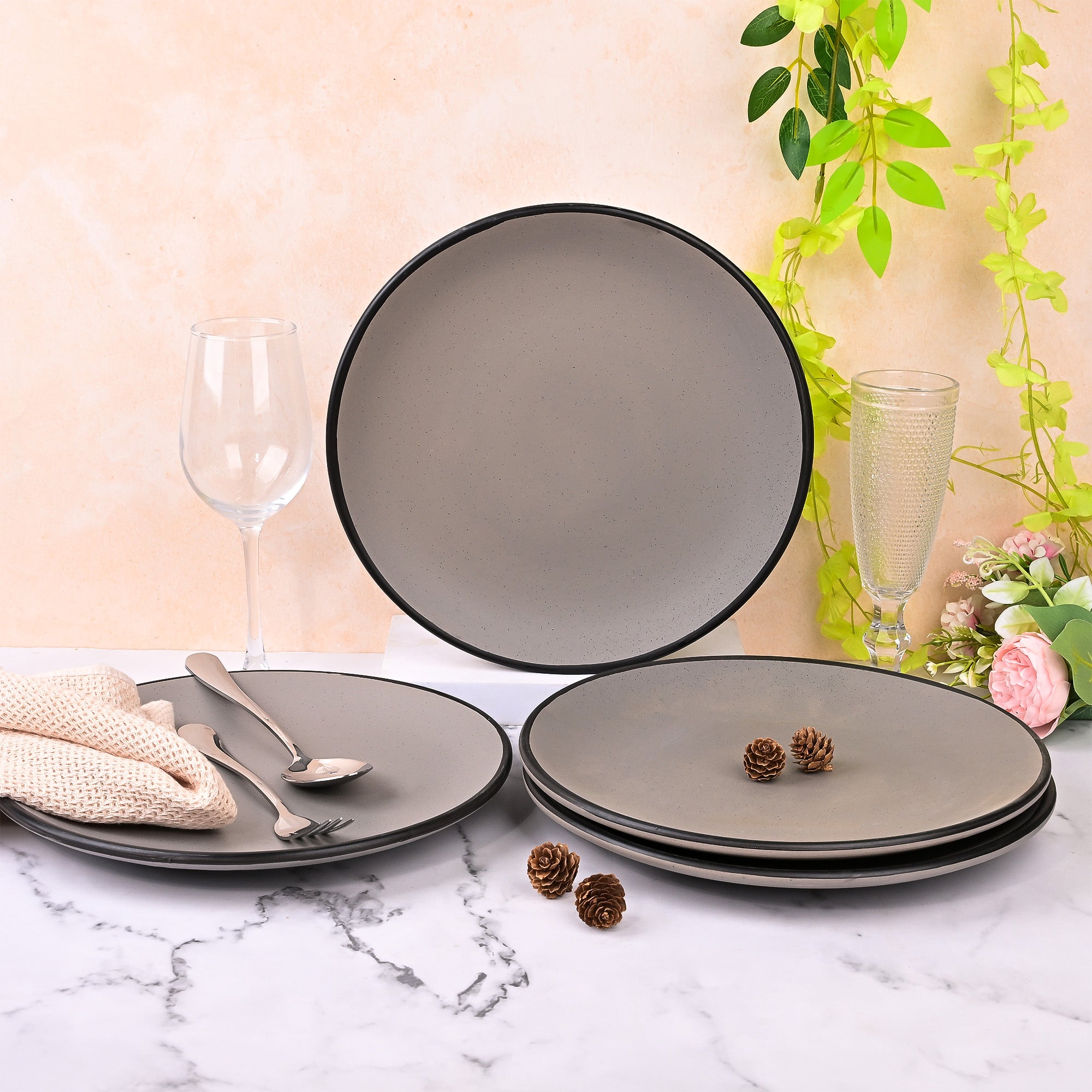 Black-rimmed grey dinner plates set of 4