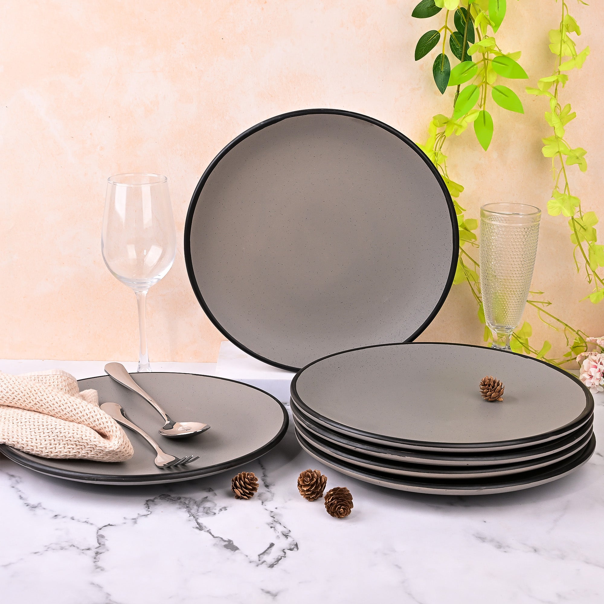 Black-rimmed grey dinner plates set of 6