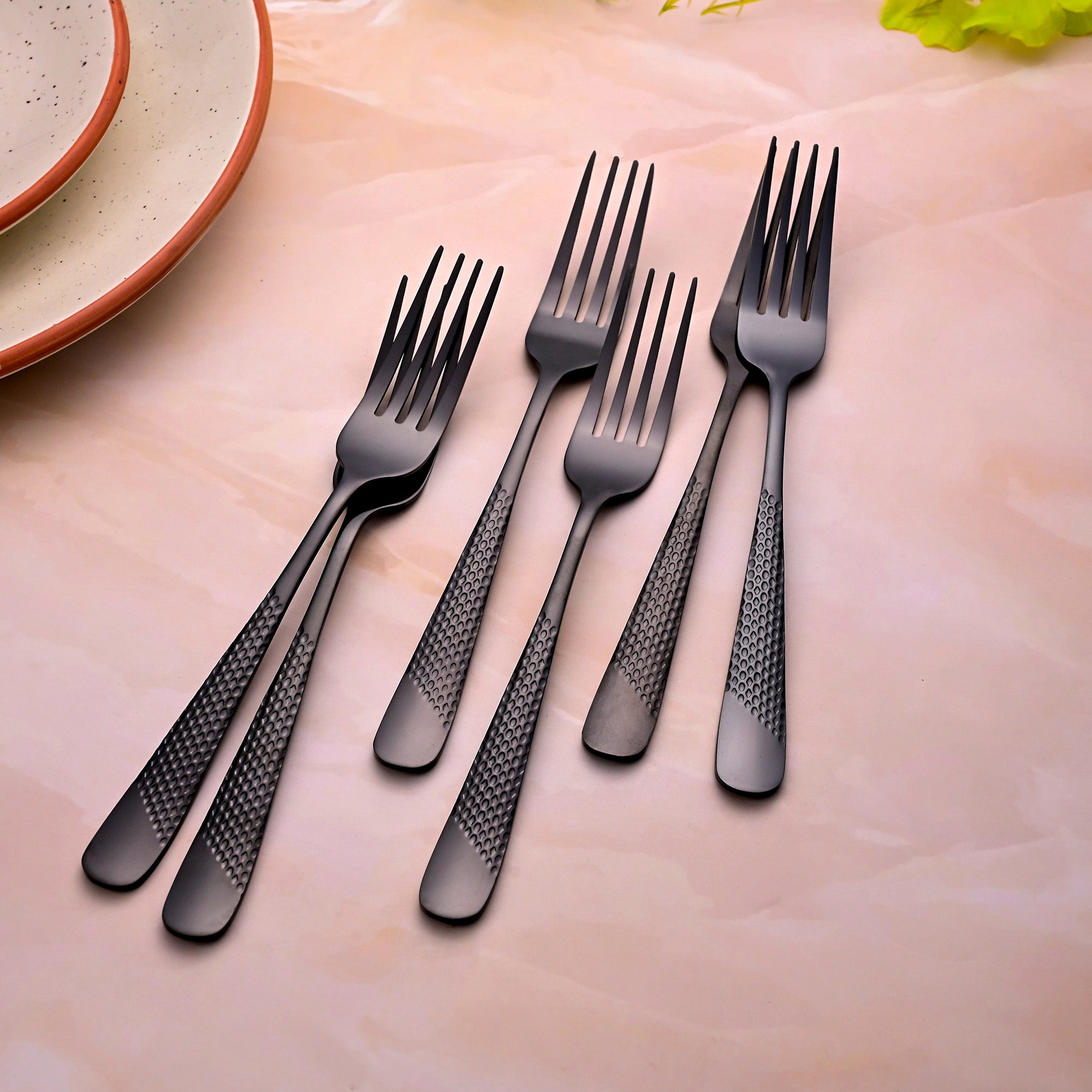 Black Flame Forks Set of 6 Displayed with Modern Tableware

