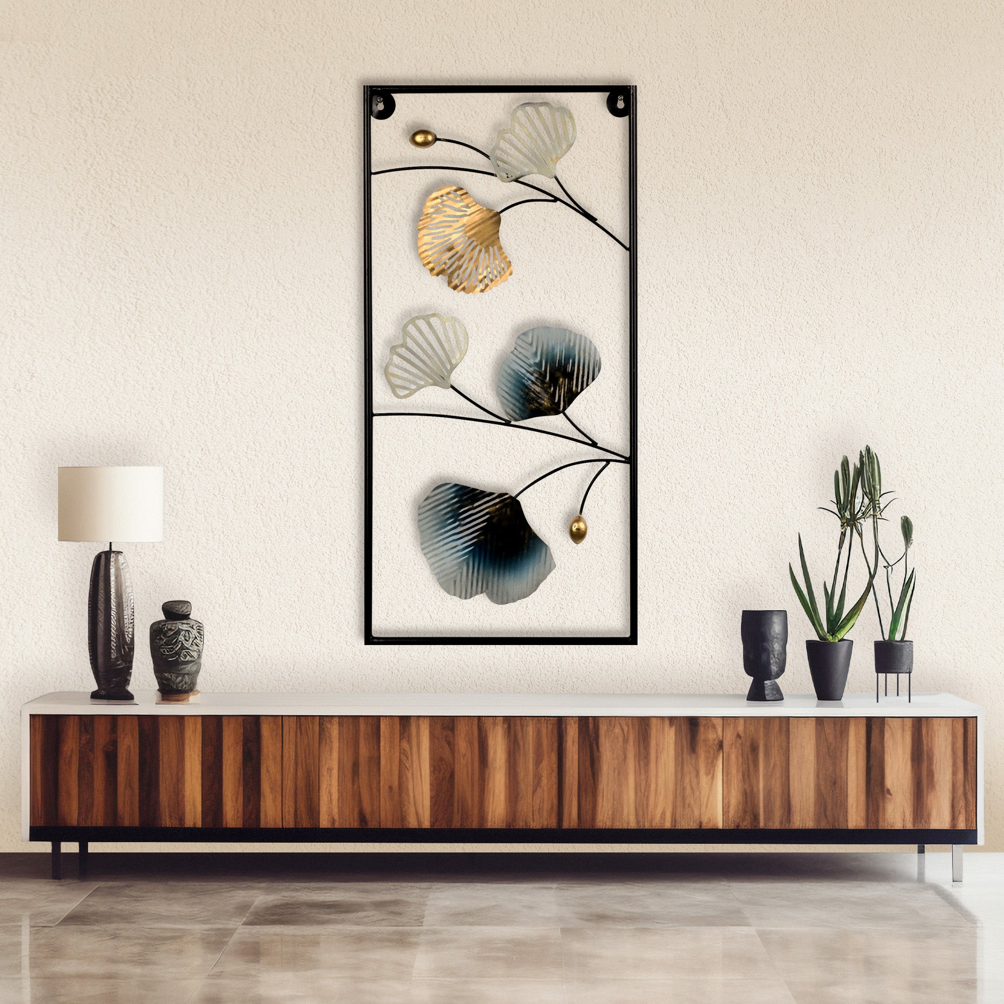 Blooming metal leaf wall art with elegant botanical design

