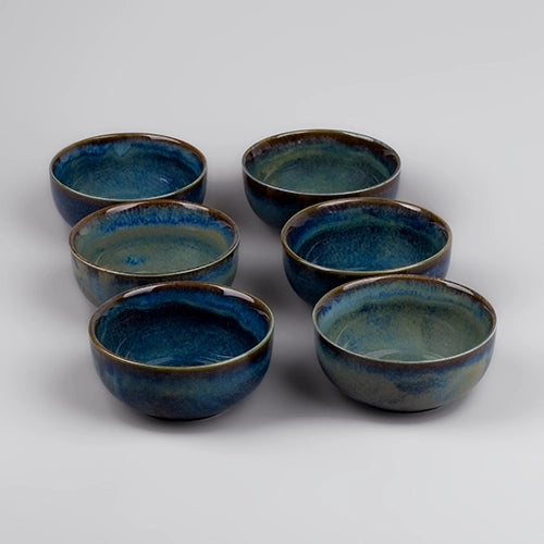 Set of six Blue Lagoon glossy porcelain bowls

