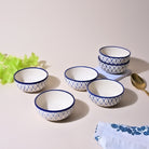 Set of 6 blue abstract printed ceramic glossy bowls

