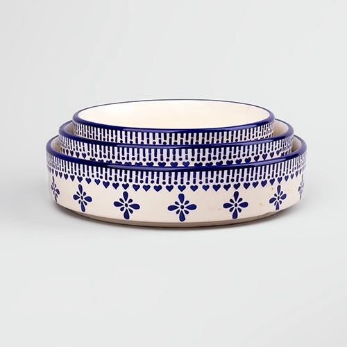 Set of three blue and white ceramic bowls

