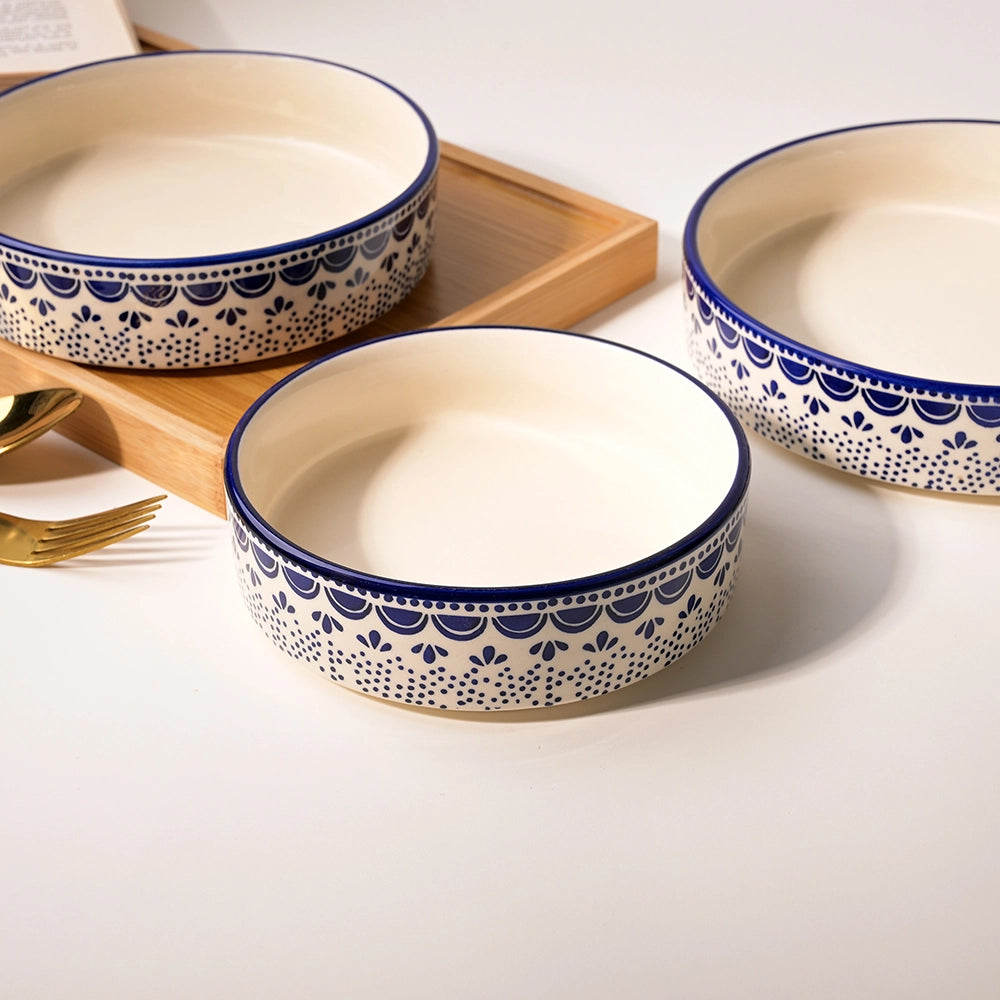 Set of three blue and white handcrafted bowls

