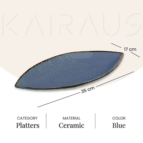 Blue ceramic platter with leaf lace design

