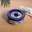 Blue leaf print ceramic casserole with lid

