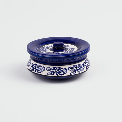 Blue leaf pattern ceramic casserole with lid


