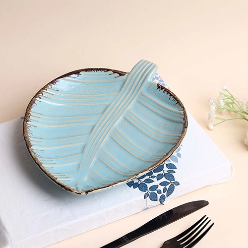 Blue leaf ceramic serving platter

