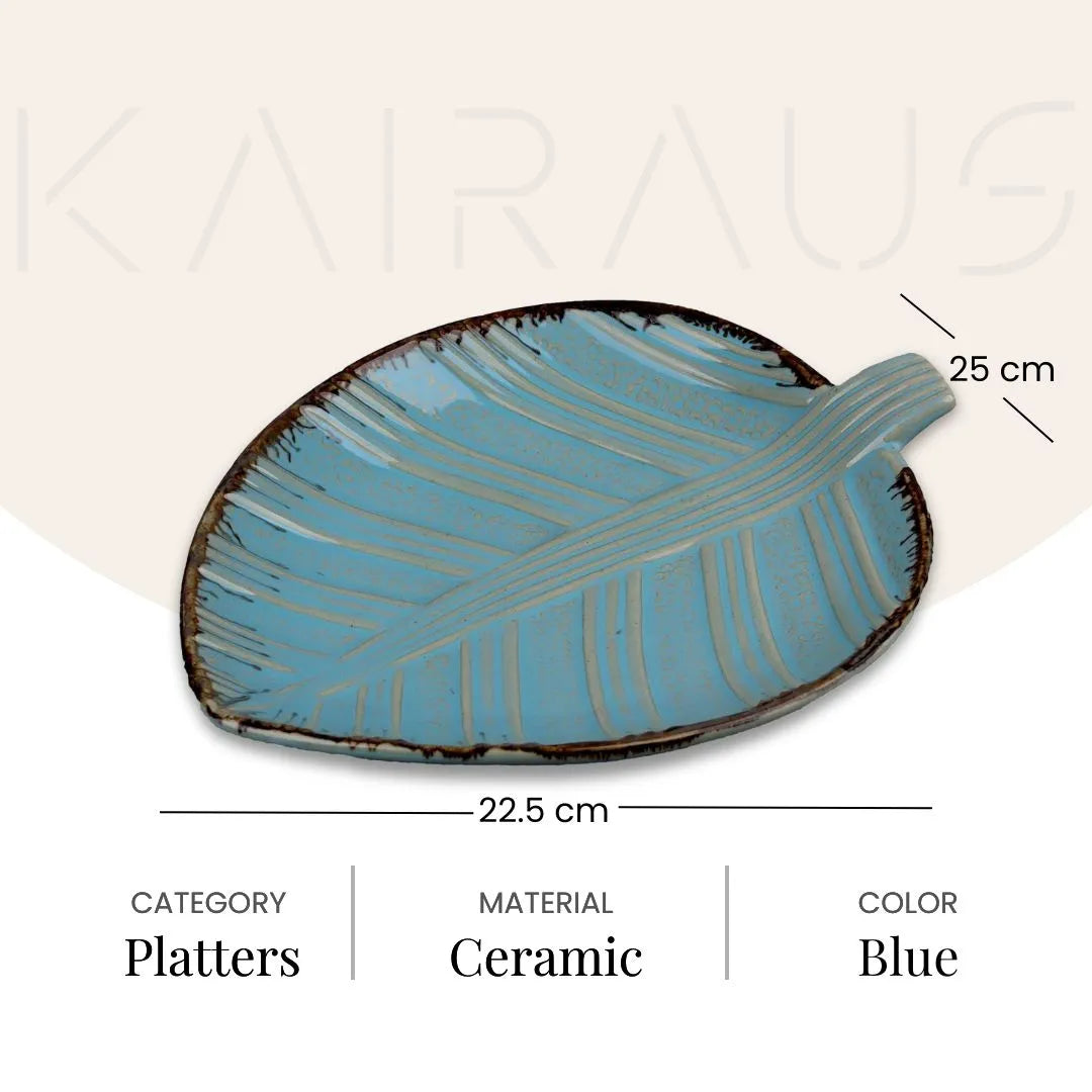 Blue leaf patterned serving platter for dining

