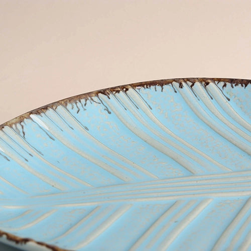 Handmade blue leaf ceramic serving platter

