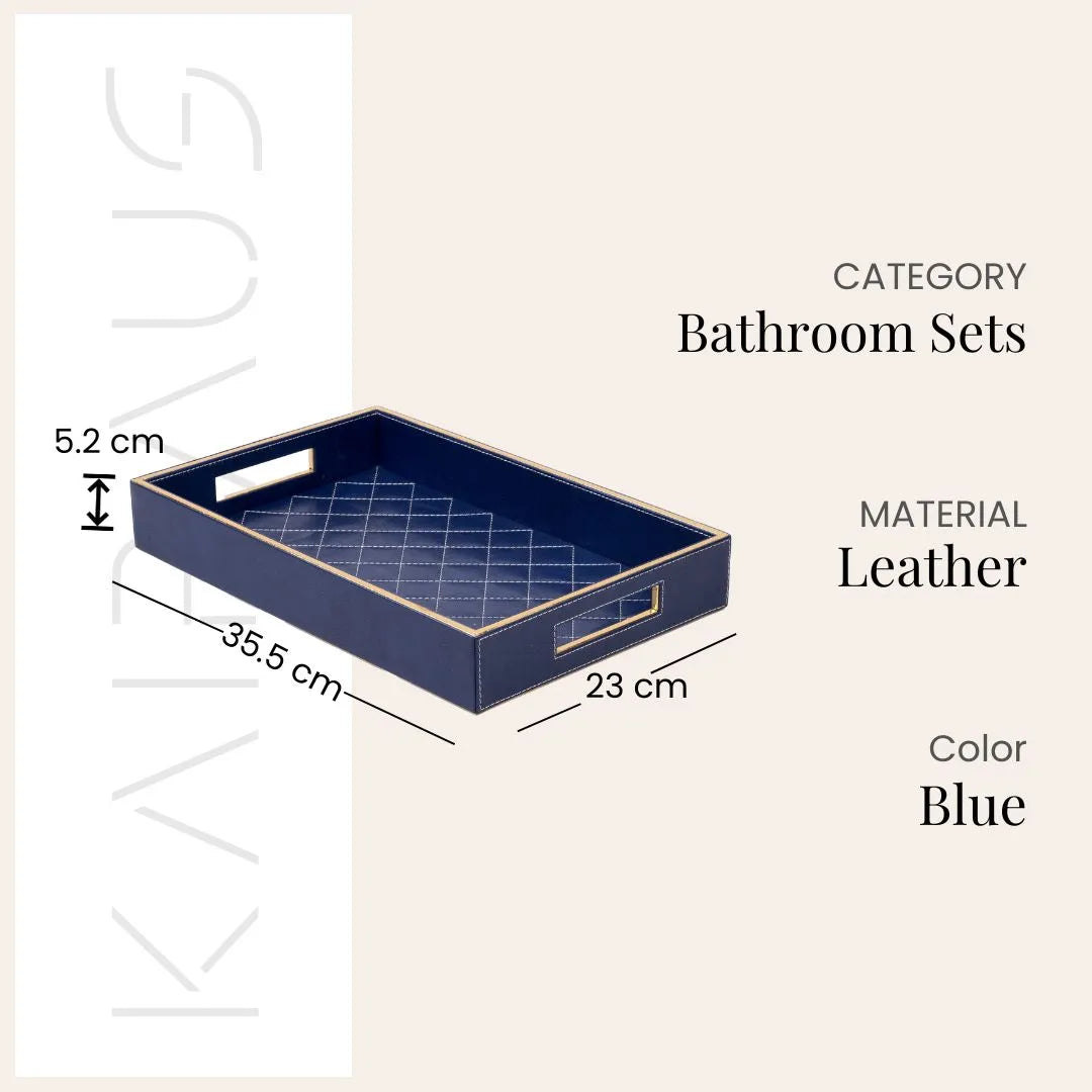 Stylish blue leather bathroom organizer set for home decor

