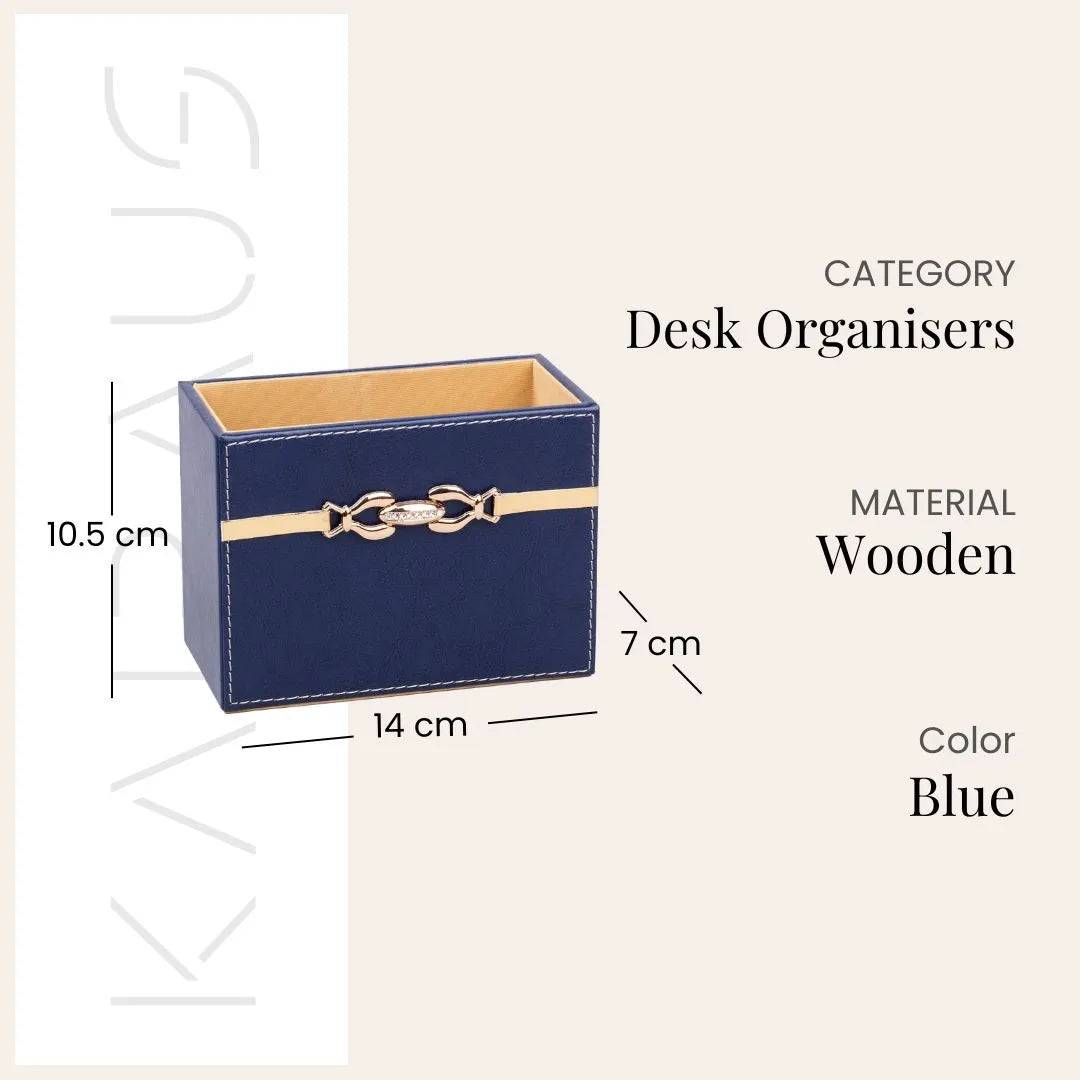 Stylish blue leather office desk organiser set

