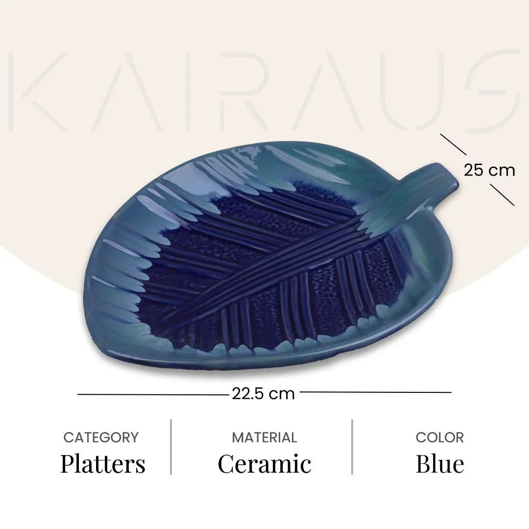 Blue gradient leaf patterned serving platter

